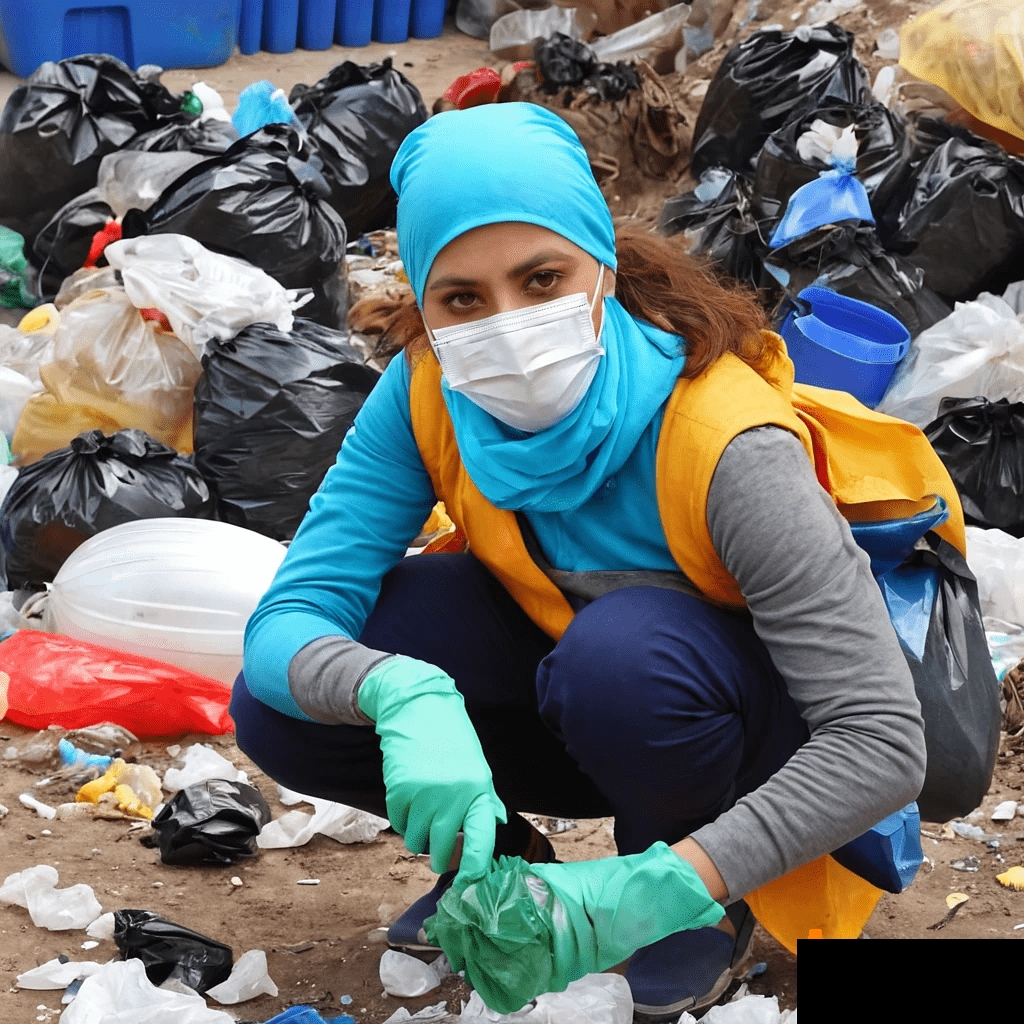 une autre femme avec un masque qui ramasse des déchets